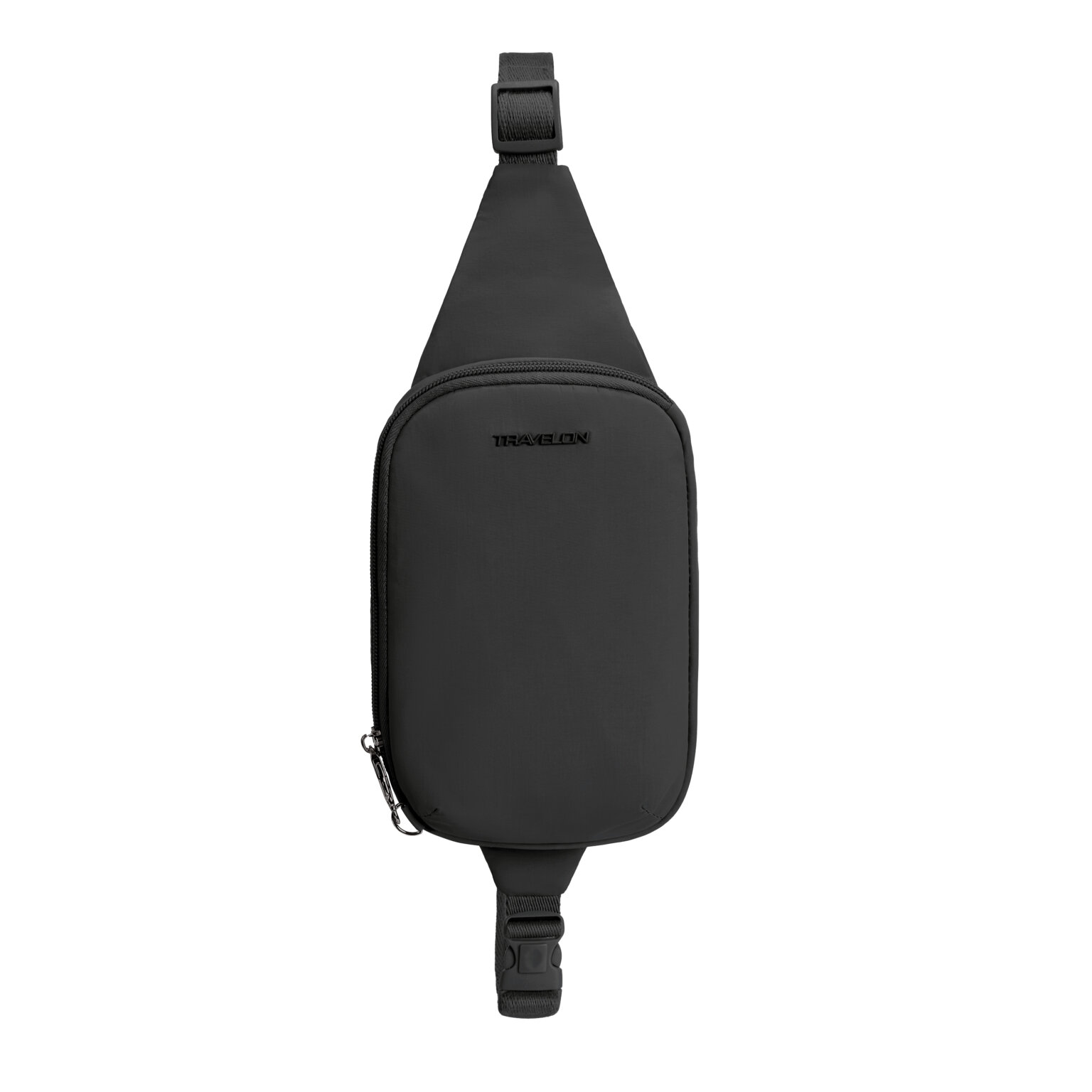 Vooraanzicht van de Travelon Roam compact sling in zwart