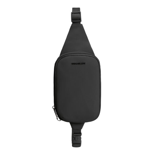 Vooraanzicht van de Travelon Roam compact sling in zwart