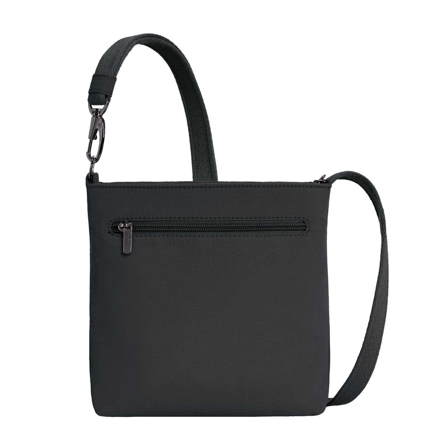 Achterkant van de Travelon Roam kleine crossbody tas in zwart met het vak met rits