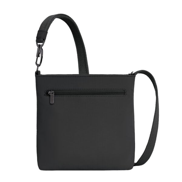 Achterkant van de Travelon Roam kleine crossbody tas in zwart met het vak met rits