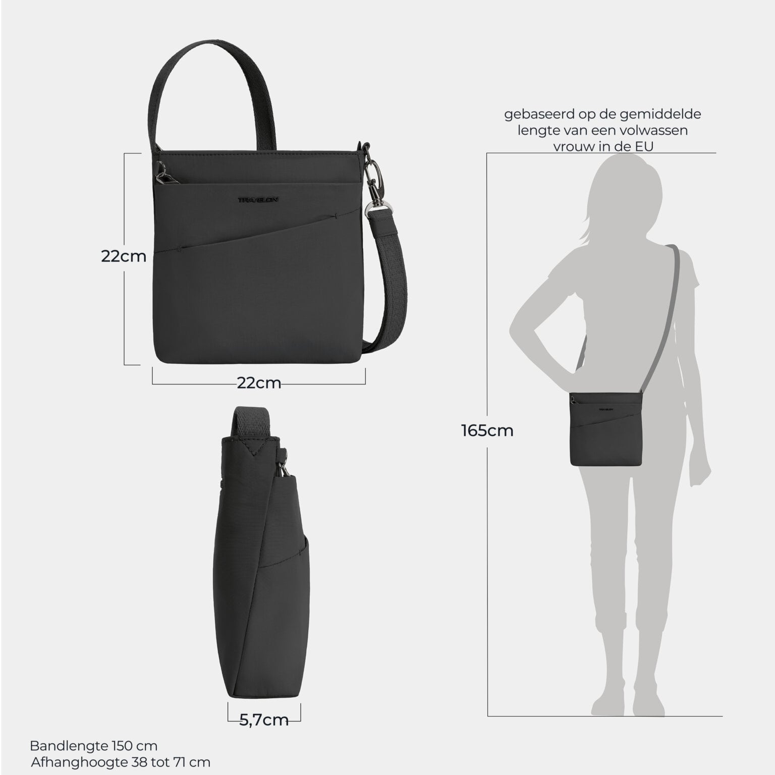 Maattekening van de Travelon Roam kleine crossbody tas in zwart met de afmetingen in centimeters