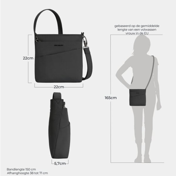 Maattekening van de Travelon Roam kleine crossbody tas in zwart met de afmetingen in centimeters