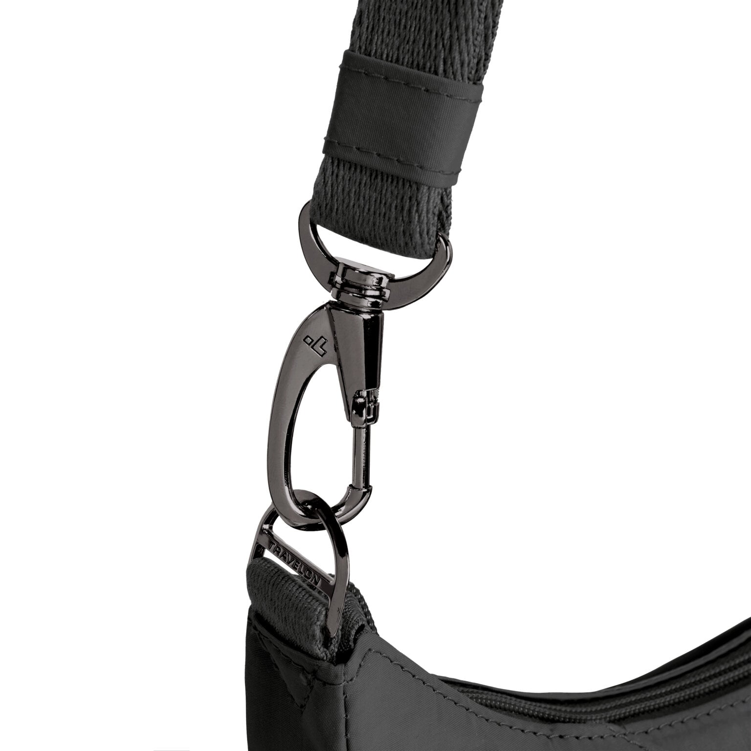 Lockdown-bevestiging van de schouderband van de Travelon Roam medium crossbody tas in zwart