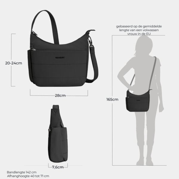 Maattekening van de Travelon Roam medium crossbody tas in zwart met de afmetingen in centimeters
