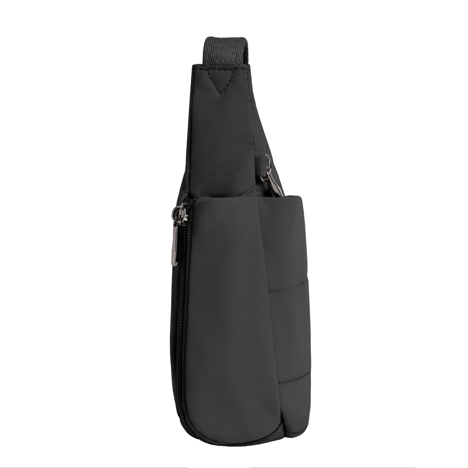 Zijkant van de Travelon Roam medium crossbody tas in zwart met het zijvak