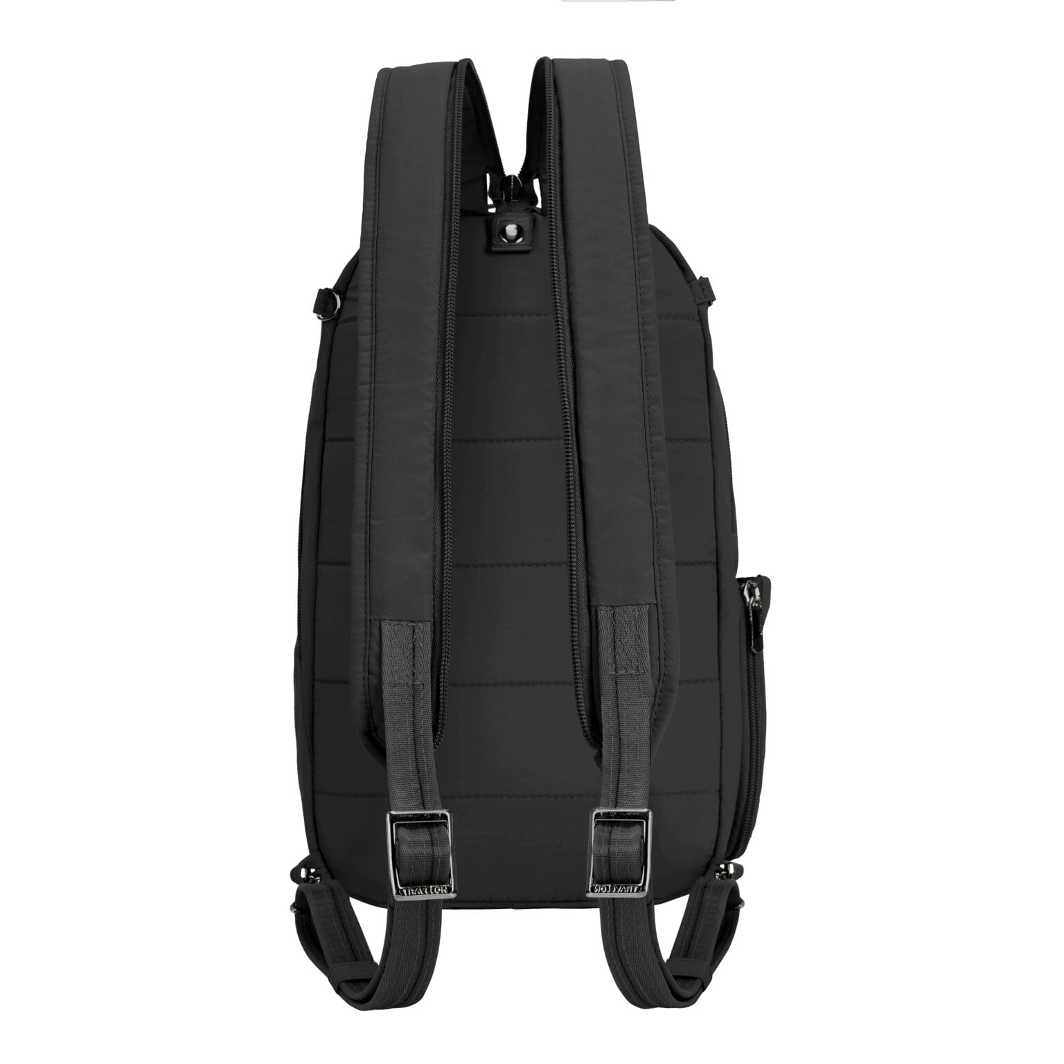 Achterkant van de Travelon Roam sling backpack in zwart met de gevoerde rugbanden