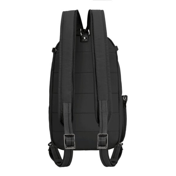 Achterkant van de Travelon Roam sling backpack in zwart met de gevoerde rugbanden