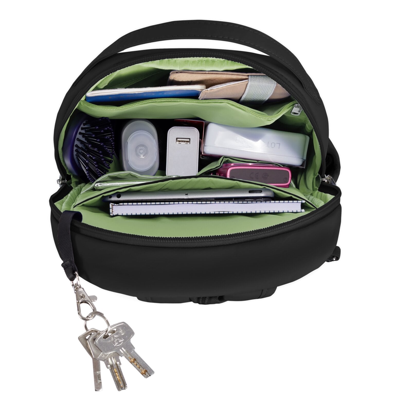 Gevuld hoofdvak van de Travelon Roam sling backpack in zwart met sleutelclip