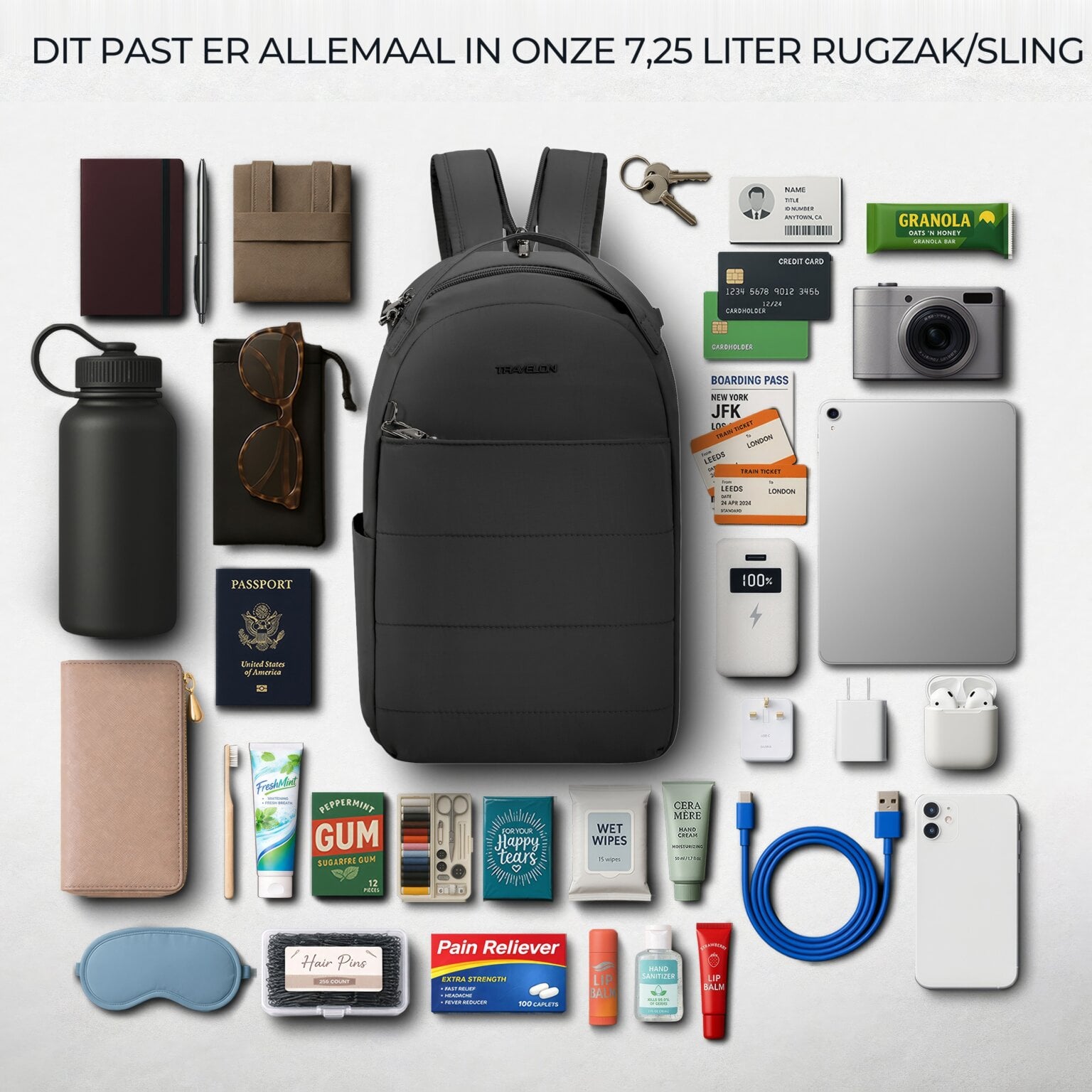 Overzicht van alles wat in de 7,25 liter van de Travelon Roam sling backpack past