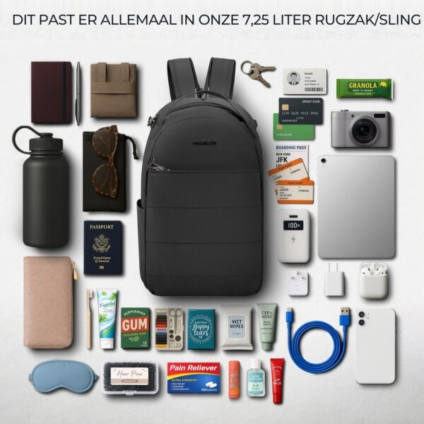 Overzicht van alles wat in de 7,25 liter van de Travelon Roam sling backpack past
