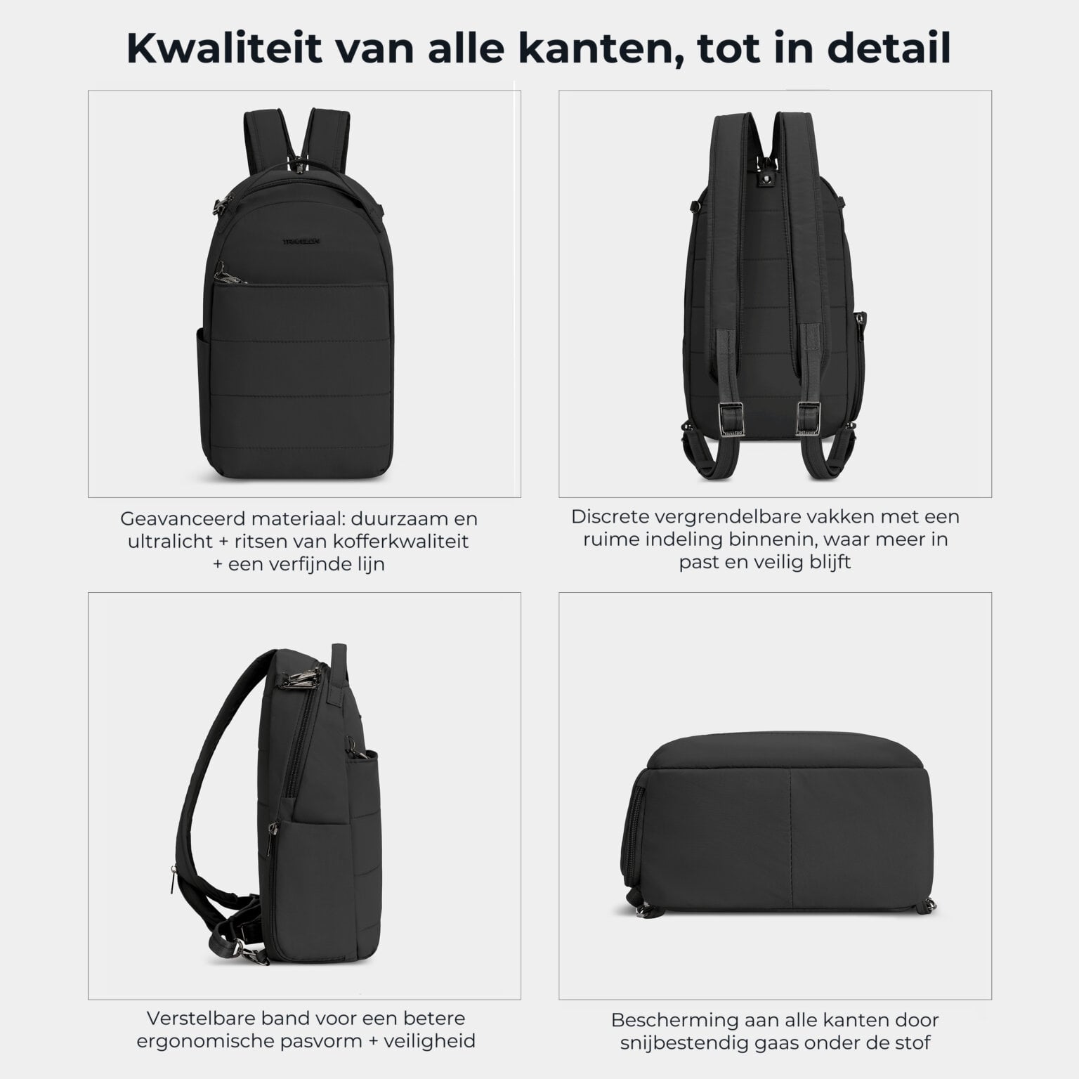 Materiaal, vakken, schouderband en snijbestendig gaas van de Travelon Roam sling backpack in zwart