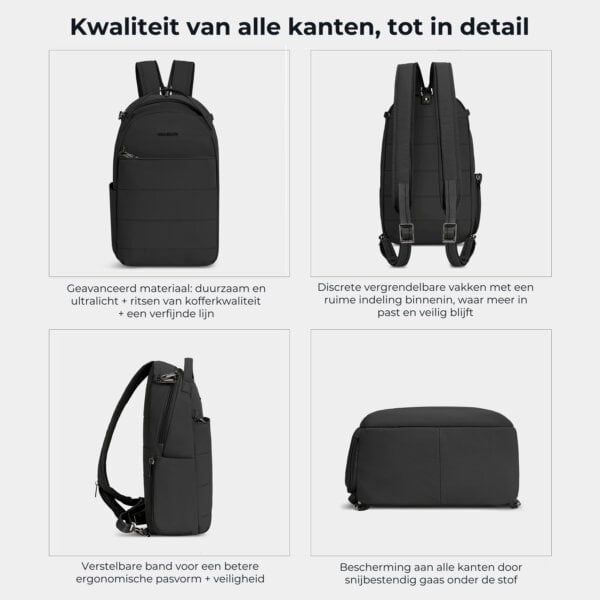 Materiaal, vakken, schouderband en snijbestendig gaas van de Travelon Roam sling backpack in zwart