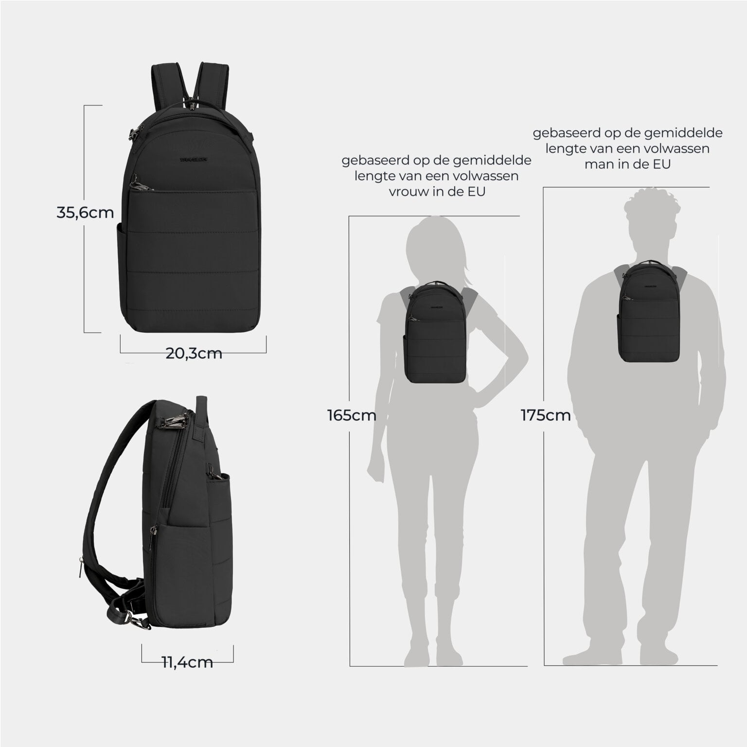 Maattekening van de Travelon Roam sling backpack in zwart: 20,3 cm breed, 35,6 cm hoog en 11,4 cm diep