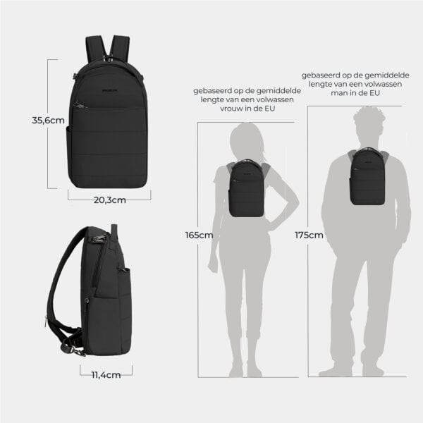 Maattekening van de Travelon Roam sling backpack in zwart: 20,3 cm breed, 35,6 cm hoog en 11,4 cm diep