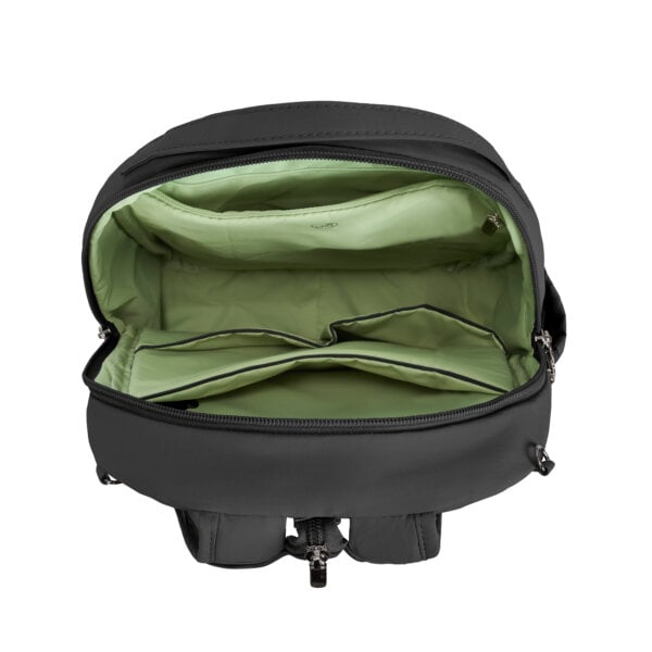 Open bovenkant van de Travelon Roam sling backpack in zwart met de lichtgroene voering