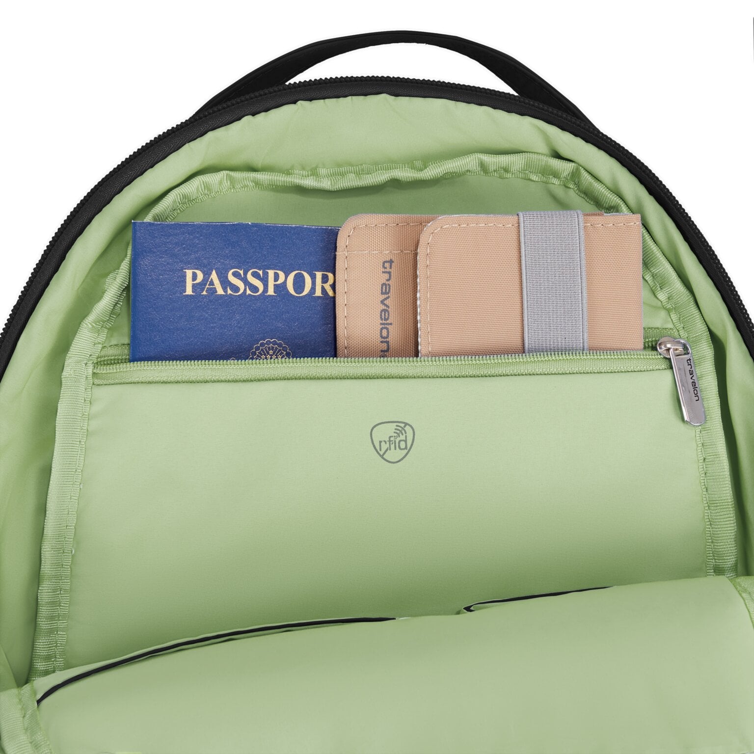RFID-beschermd vak van de Travelon Roam sling backpack in zwart met paspoort en portemonnee
