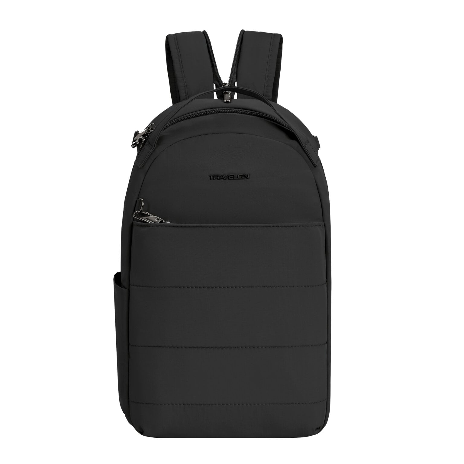 Vooraanzicht van de Travelon Roam sling backpack in zwart als rugzak
