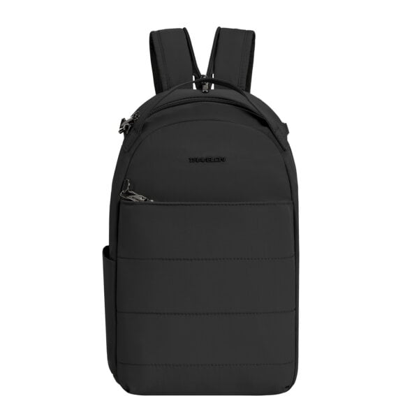 Vooraanzicht van de Travelon Roam sling backpack in zwart als rugzak